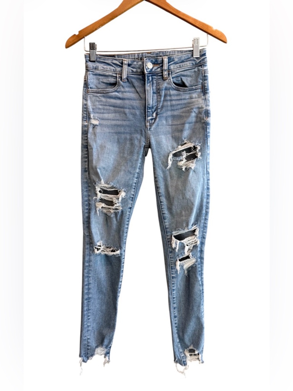 American Eagle Outfitters Light Blue Distressed Super High Rise Skinny Jeans